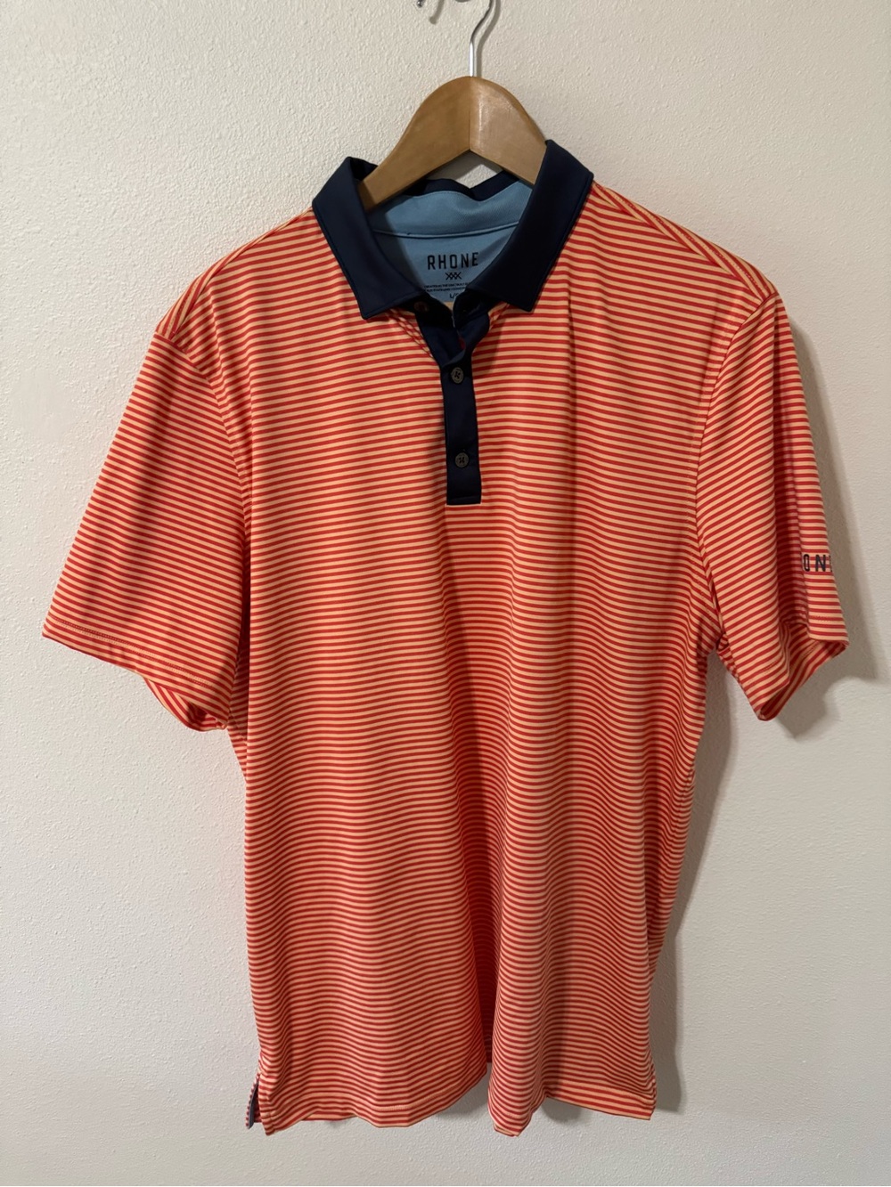 Rhone Golf Sport Polo Coral Orange Stripe Contrast Navy Performance-Large